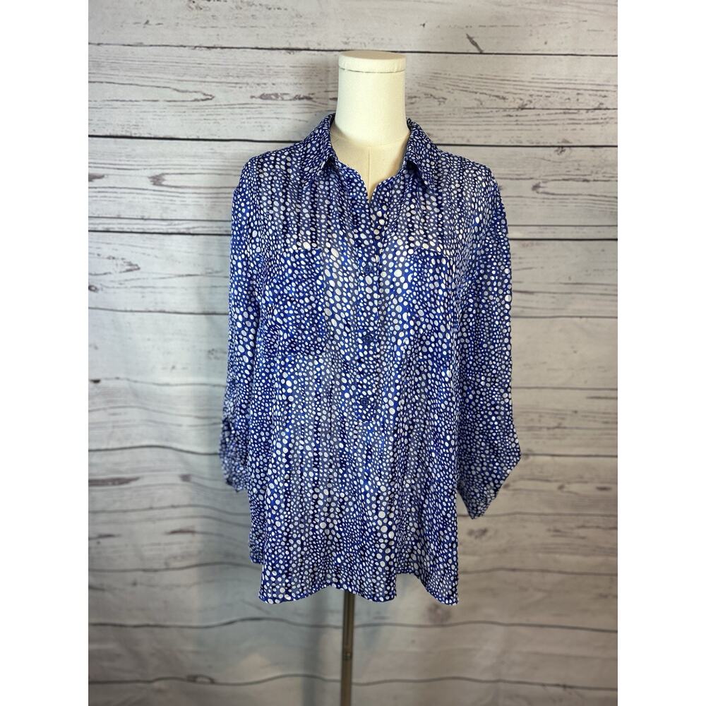 Chico’s Blue White Polka Dot Button Front Blouse Size 3 Large Lightweight Top